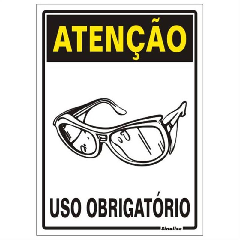 Placa de Poliestireno Auto-Adesiva 20x30cm Atenção Uso Obrigatório de Óculos de Proteção - 250 AT - SINALIZE