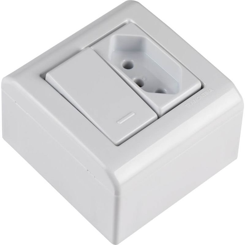Caixa de Sobrepor com 1 Interruptor Simples e 1 Tomada 2P+T de 10 Ampères e 250 Volts LizFlex Branca - 57304013 - TRAMONTINA
