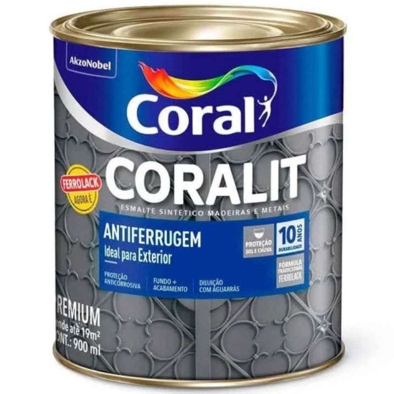 Esmalte Sintético Fundo e Acabamento Ferrolack Coralit Antiferrugem 900ml Cinza - 5203036 - CORAL